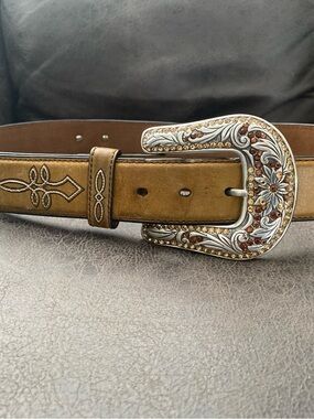 VTG Nocona Leather Belt Women Tooled Rhinestone Bling Western Cowgirl Tri Toned